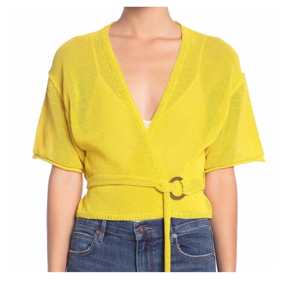 FREE PEOPLE Hello Yellow Tie Waist Knitted Cropped Textured Cardigan XS - Picture 9 of 13